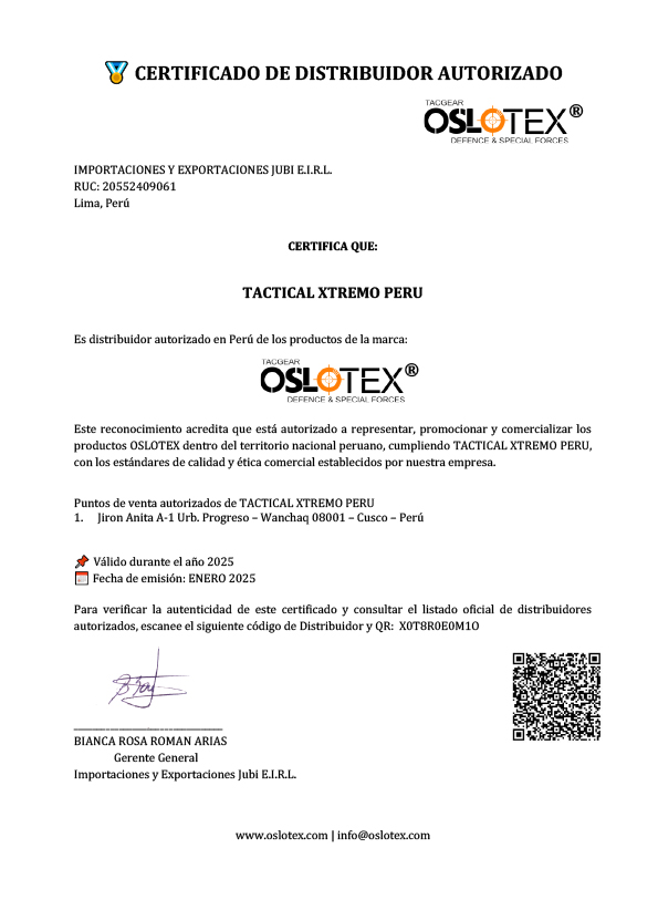 Certificado Distribuidor TACTICAL EXTREMO Oslotex Perú