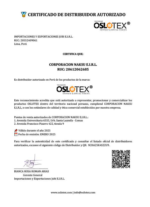 Certificado Distribuidor Naksu Oslotex Perú