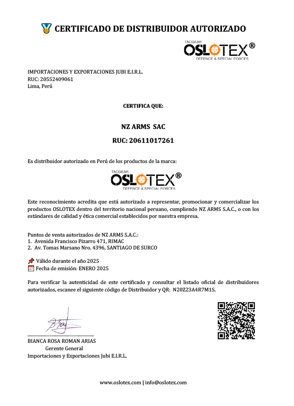 Certificado Distribuidor NZ ARMS Oslotex Perú