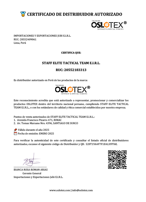 Certificado Distribuidor STAFF ELITE Oslotex Perú
