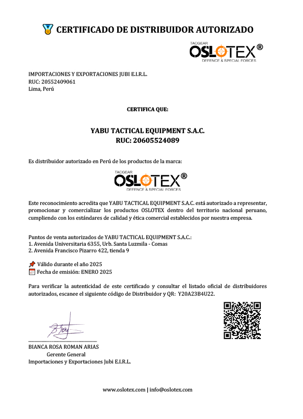 Certificado Distribuidor Yabu Oslotex Perú